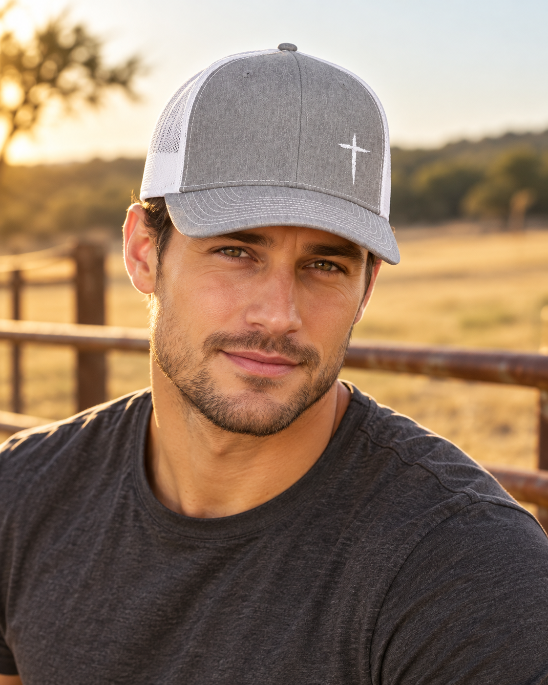 Cross Trucker Hat — Heather Grey / White, worn outdoors