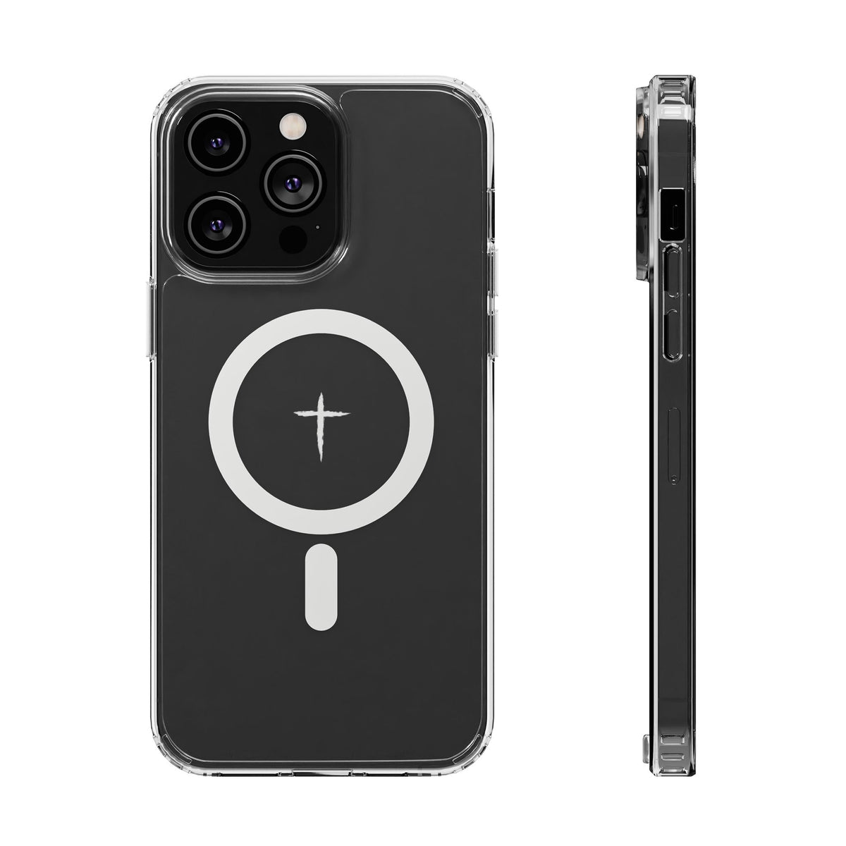 The Cross Magnetic iPhone Case — Clear back cover and side profile with cross artwork and magnetic ring