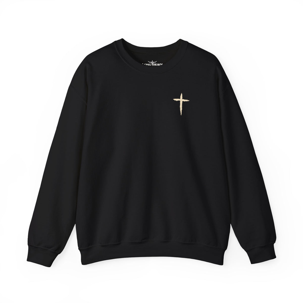 The Cross Crewneck — Black, front view