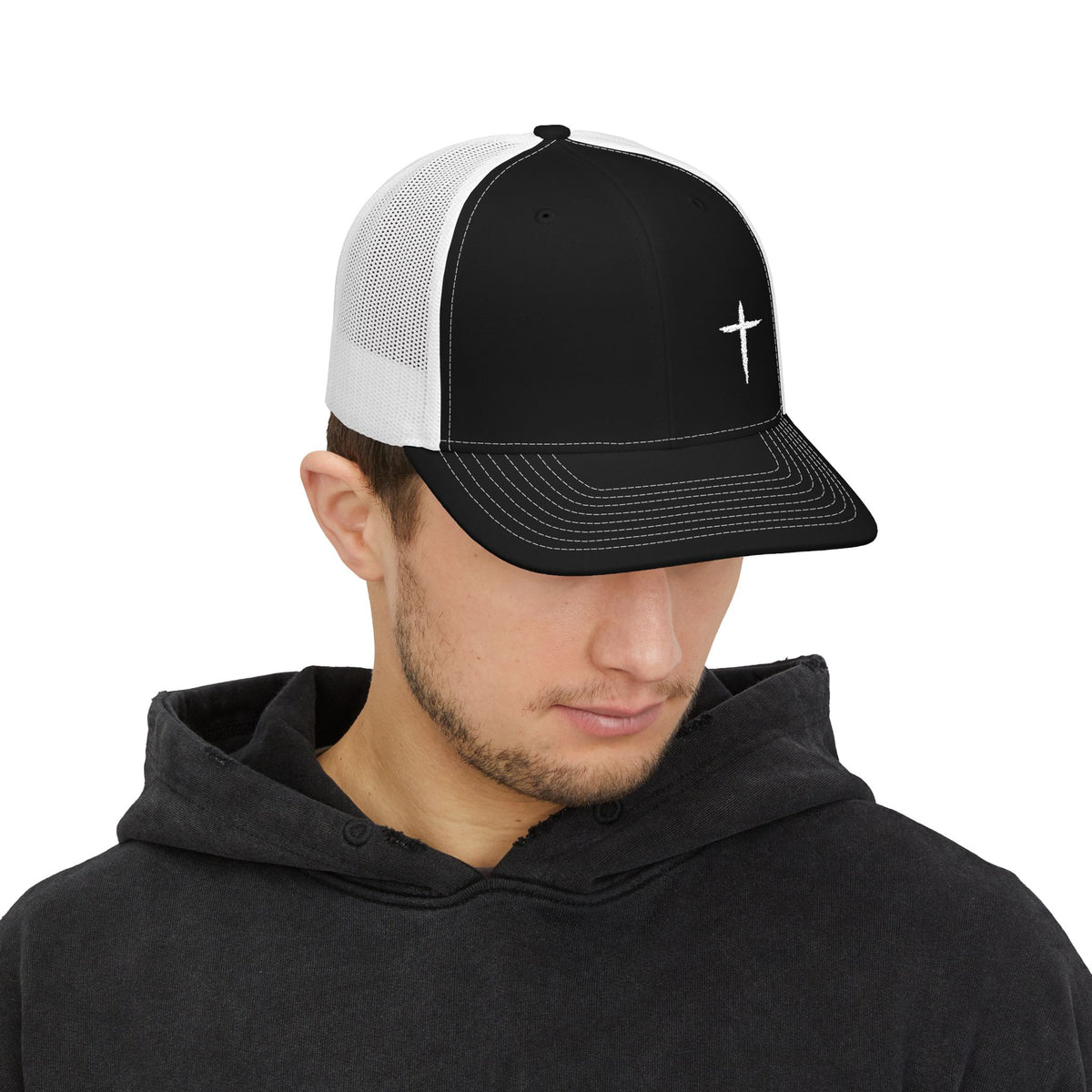 Cross Trucker Hat — Black / White, front on model