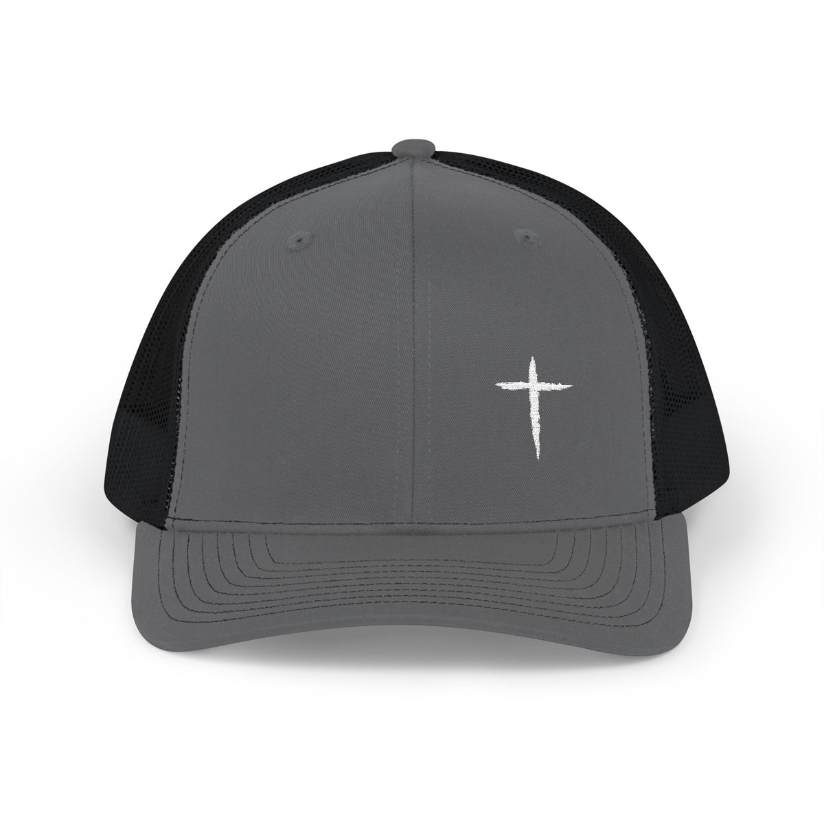 Cross Trucker Hat — Charcoal / Black, front view
