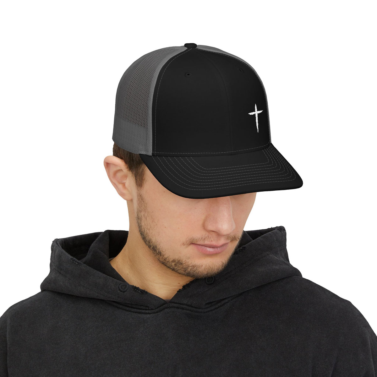 Cross Trucker Hat — Black / Charcoal, front on model