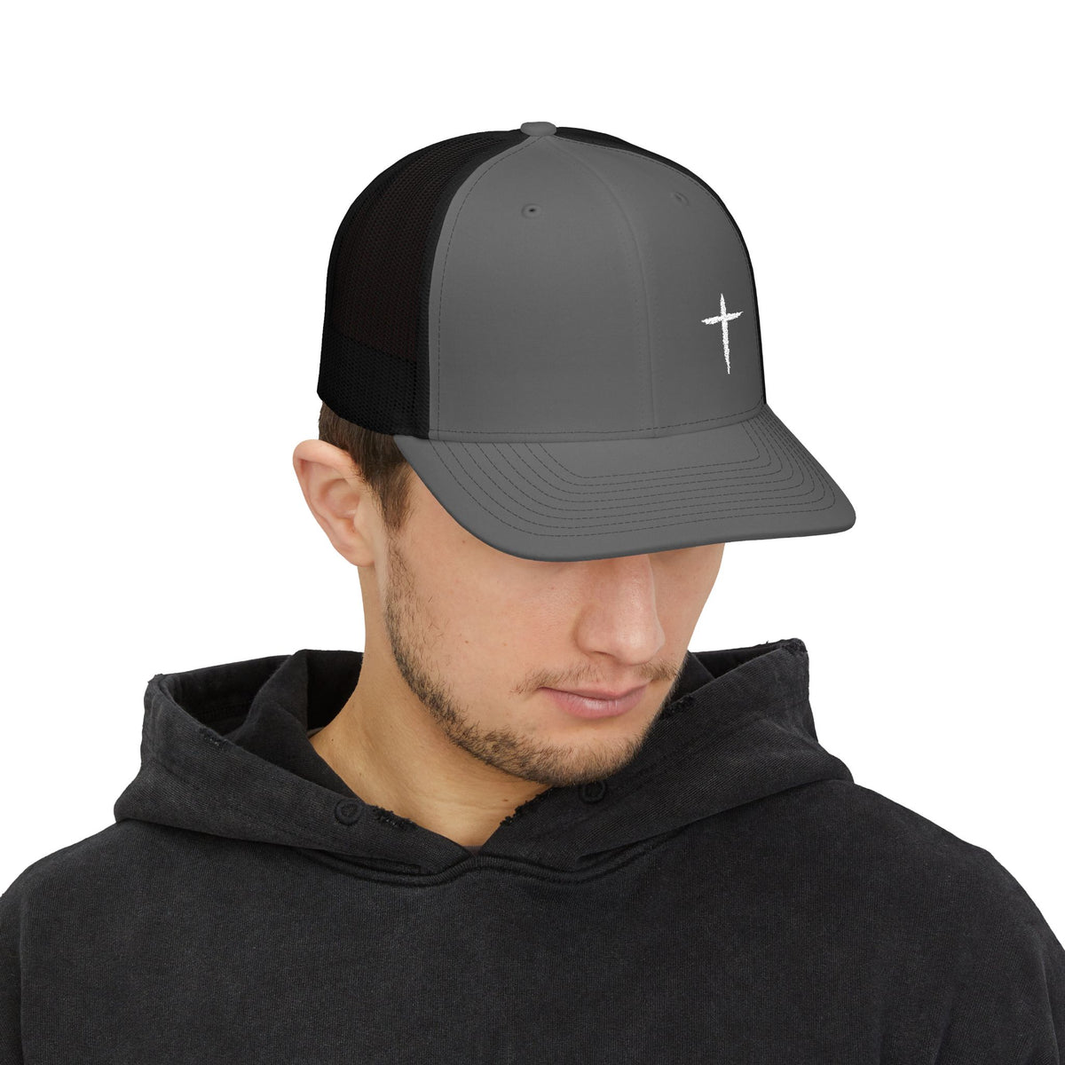Cross Trucker Hat — Charcoal / Black, front on model