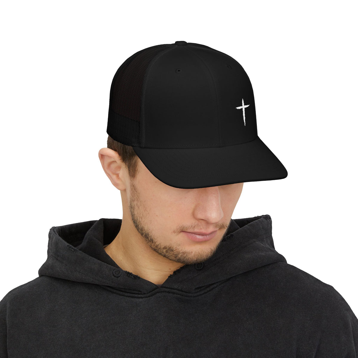 Cross Trucker Hat — Black, front on model