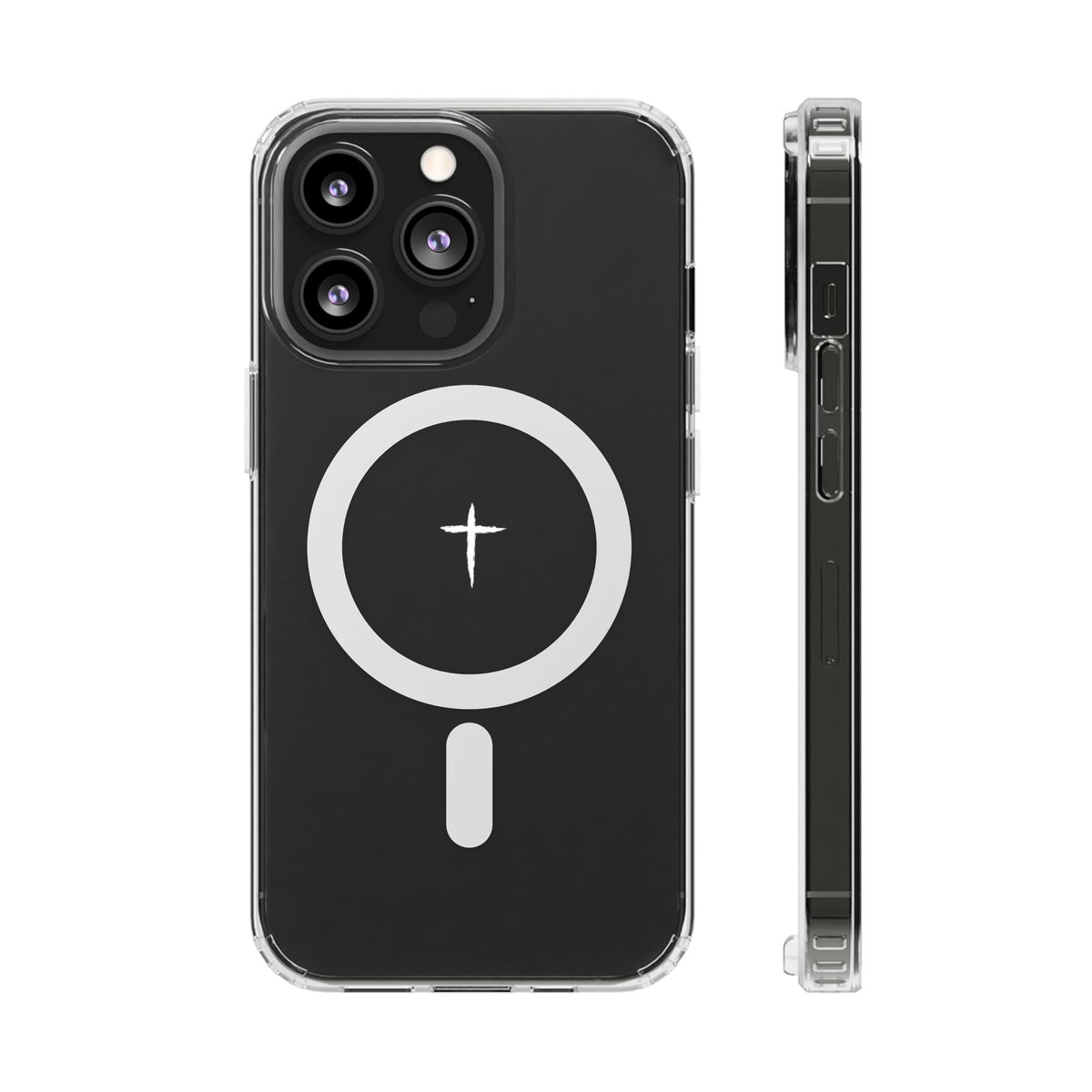 The Cross Magnetic iPhone Case — Clear back cover and side profile with cross artwork and magnetic ring