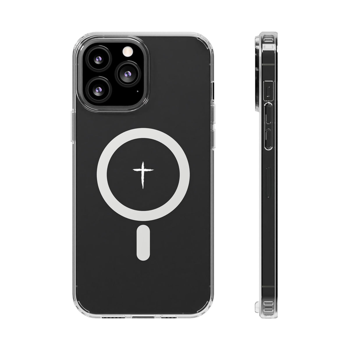 The Cross Magnetic iPhone Case — Clear back cover and side profile with cross artwork and magnetic ring