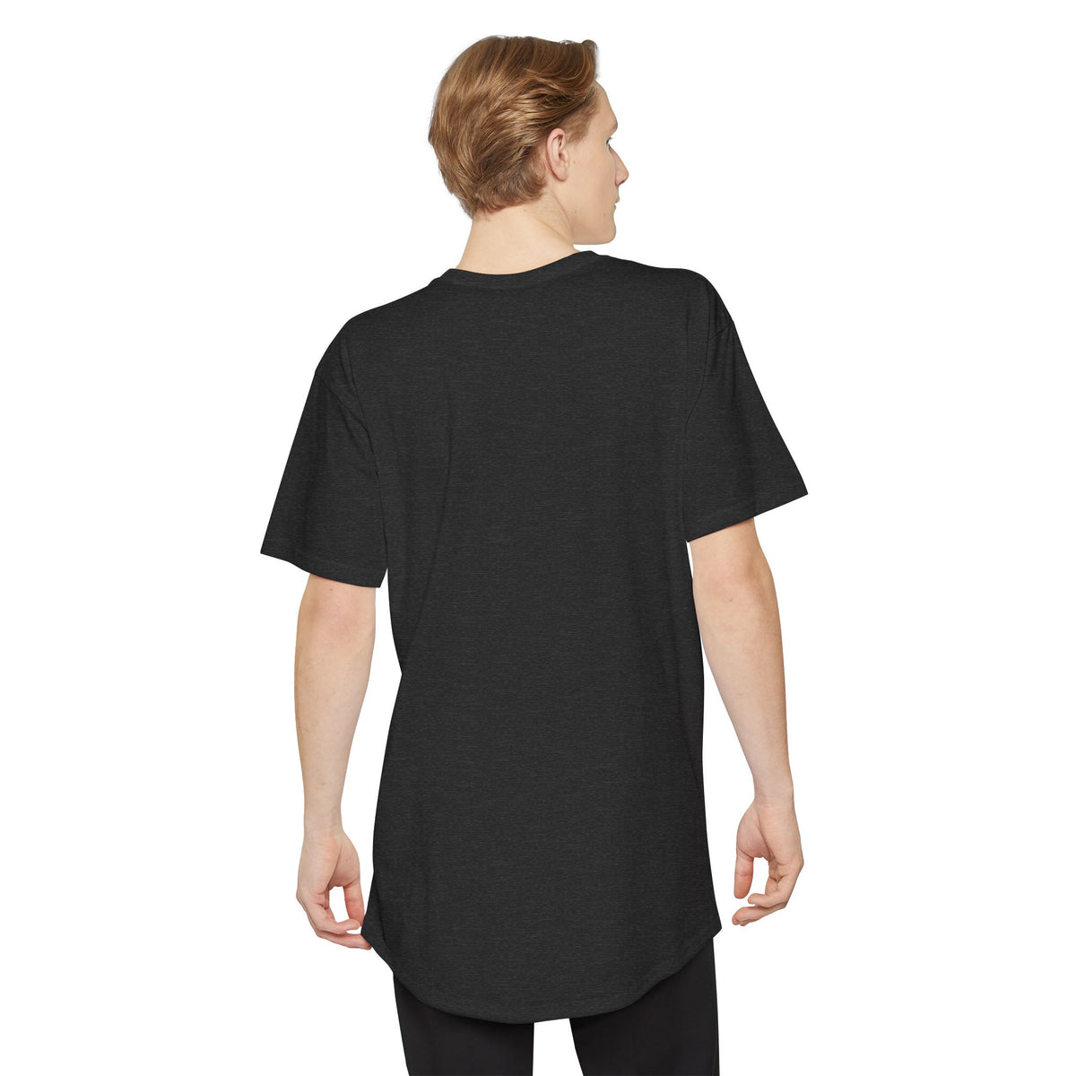 Holy Stripes Long Body Tee - Dark — Dark Grey Heather, back on model