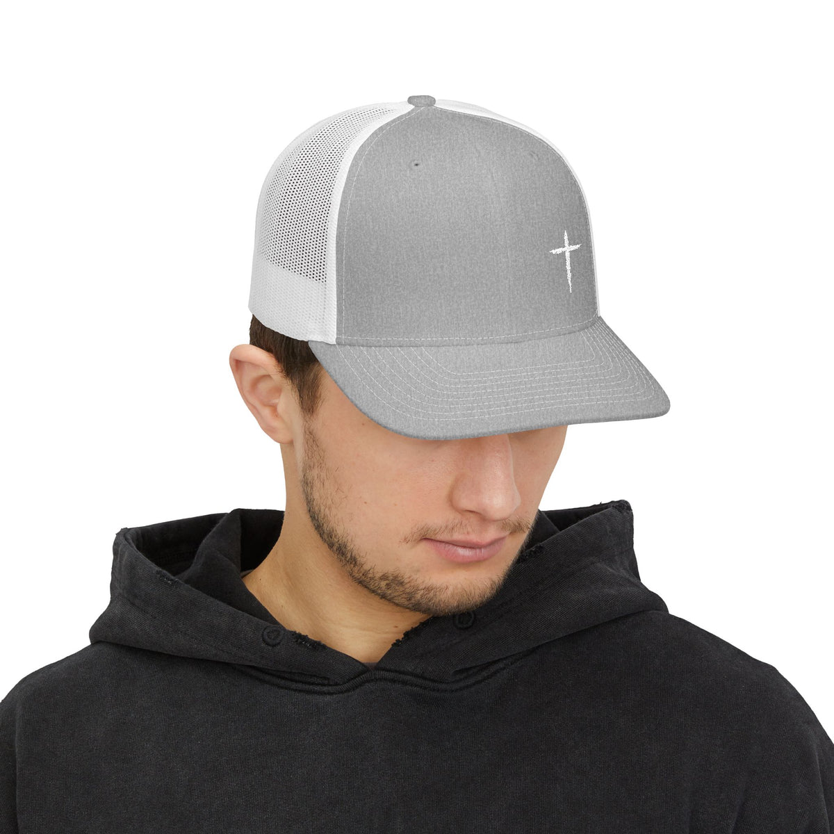 Cross Trucker Hat — Heather Grey / White, front on model