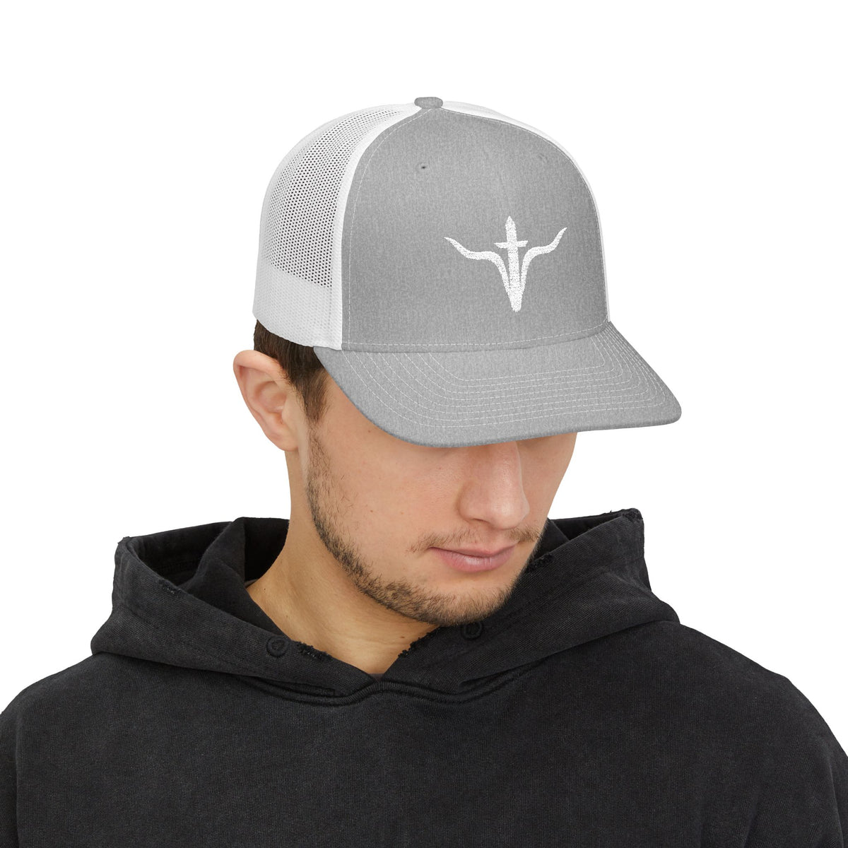 LFD Signature Trucker Hat — Heather Grey / White, front on model