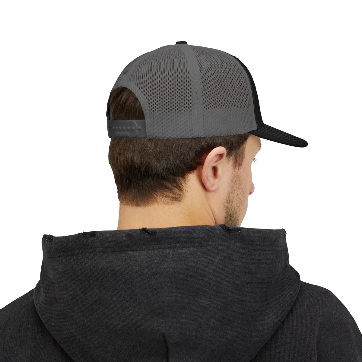 Cross Trucker Hat — Black / Charcoal, back on model