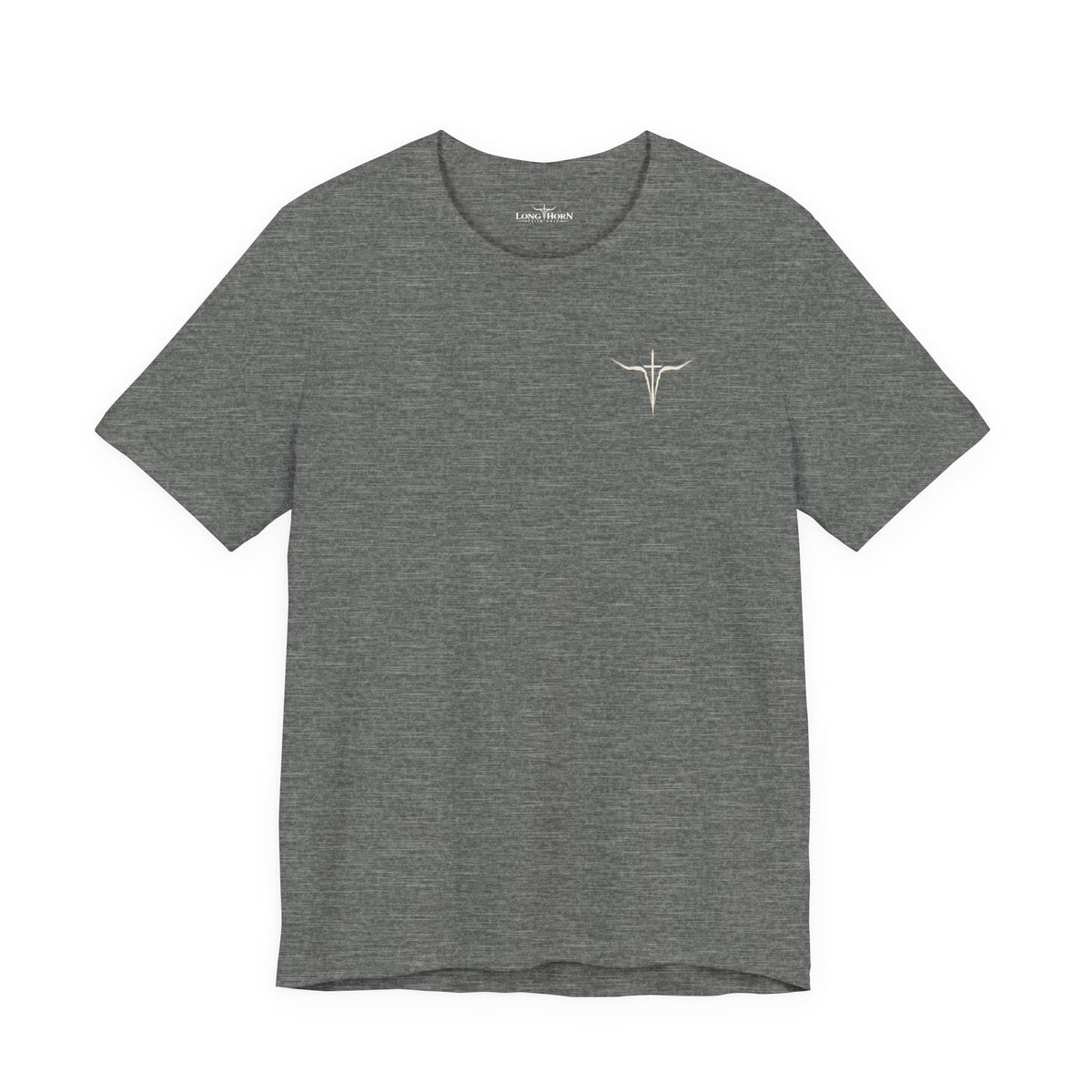 LFD Emblem Tee in heather gray with a small cream longhorn-cross emblem on the left chest, front view