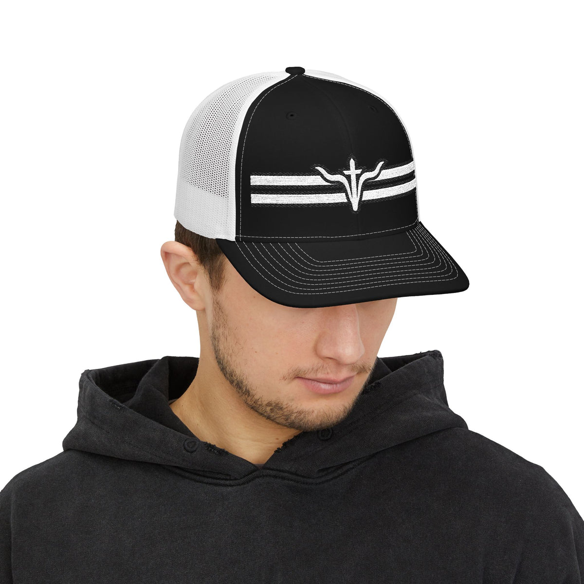 LFD Stripes Trucker Hat — Black / White, front on model