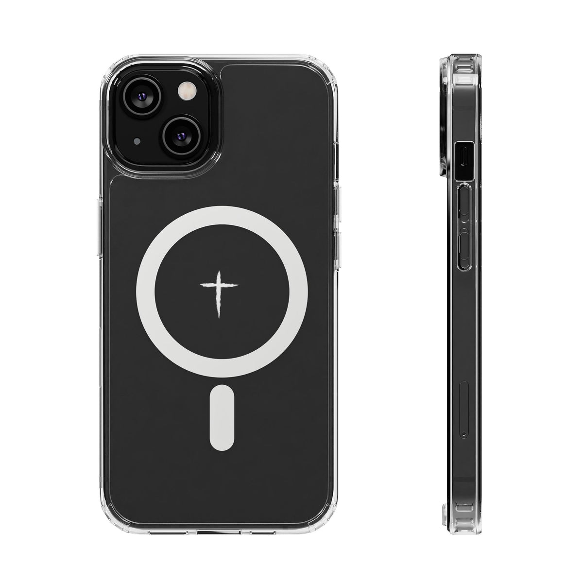 The Cross Magnetic iPhone Case — Clear back cover and side profile with cross artwork and magnetic ring