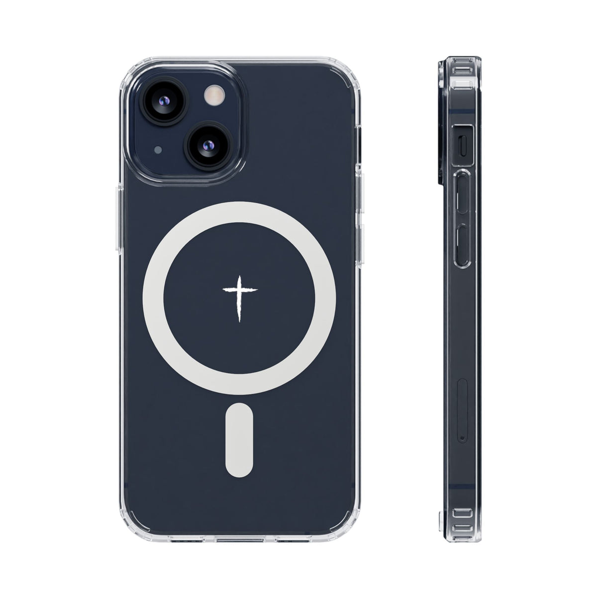 The Cross Magnetic iPhone Case — Clear back cover and side profile with cross artwork and magnetic ring