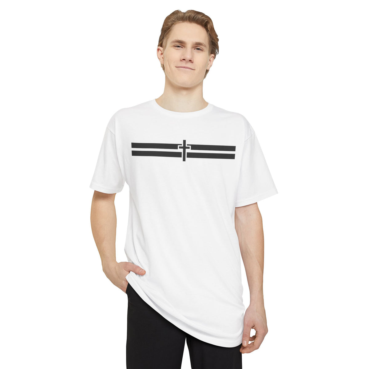 Holy Stripes Long Body Tee - Light — White, front on model