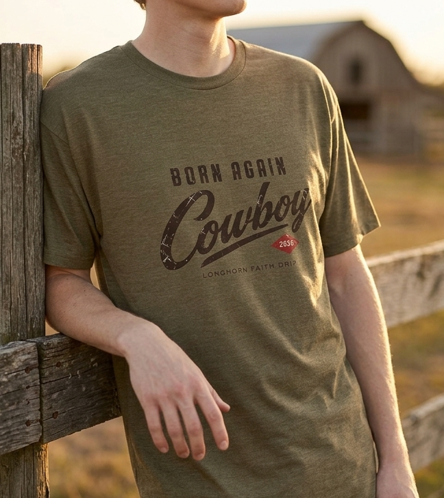 Born Again Cowboy Long Body Tee - long body crew neck t-shirt product photo
