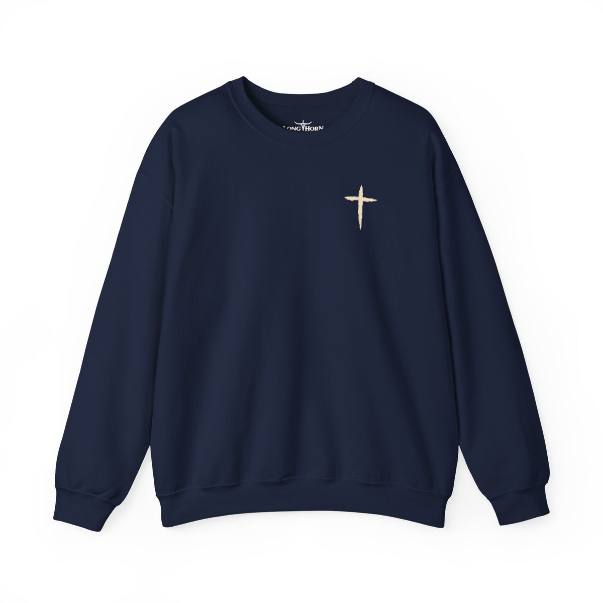 The Cross Crewneck — Navy, front view