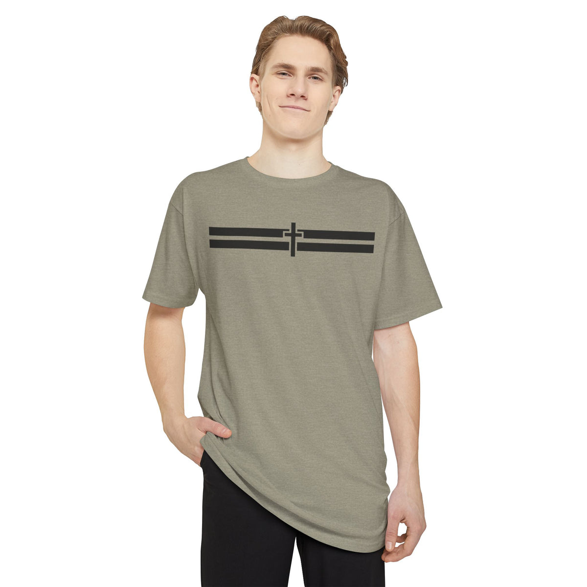 Holy Stripes Long Body Tee - Light — Heather Stone, front on model