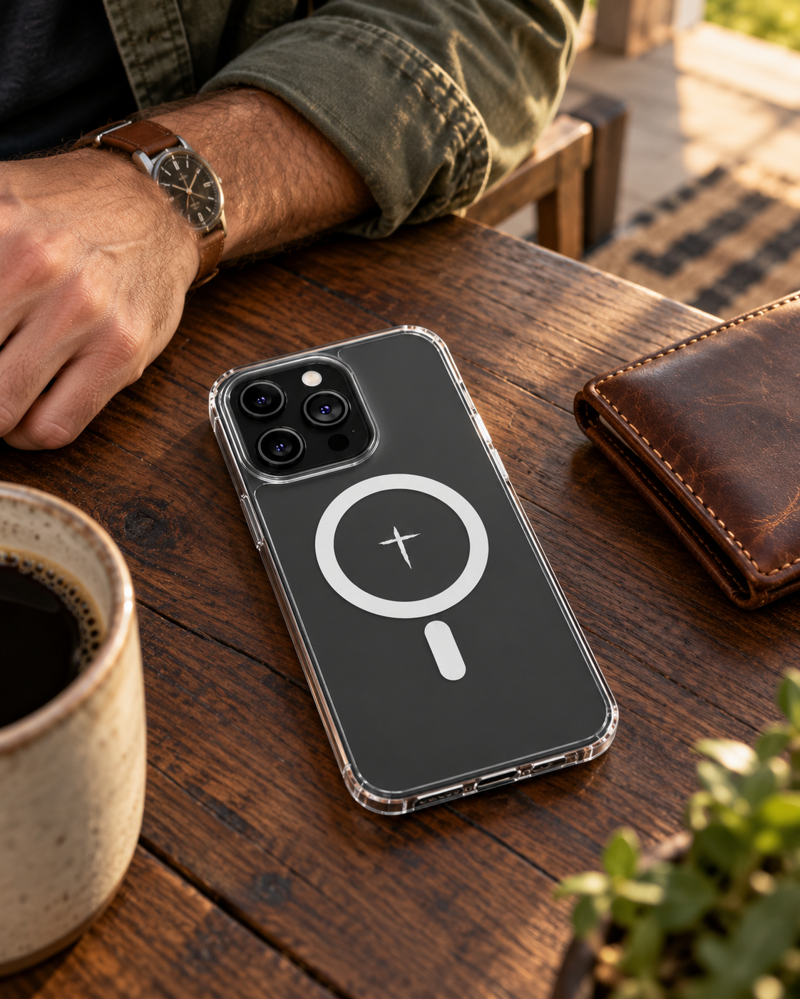 The Cross Magnetic iPhone Case — Clear case resting on a wooden table