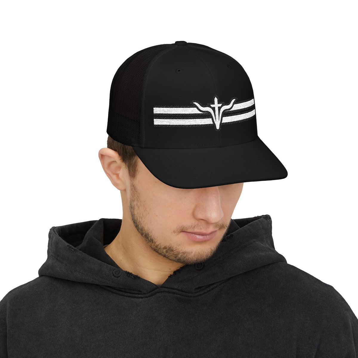LFD Stripes Trucker Hat — Black, front on model