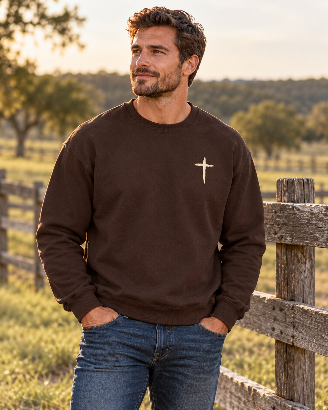 The Cross Crewneck — Dark Chocolate, worn outdoors