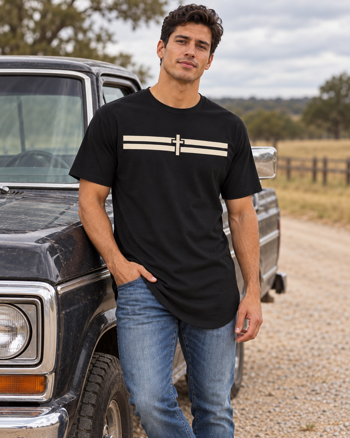 Holy Stripes Long Body Tee - Dark — Black, worn beside a truck