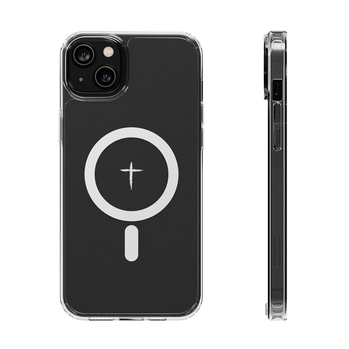 The Cross Magnetic iPhone Case — Clear back cover and side profile with cross artwork and magnetic ring