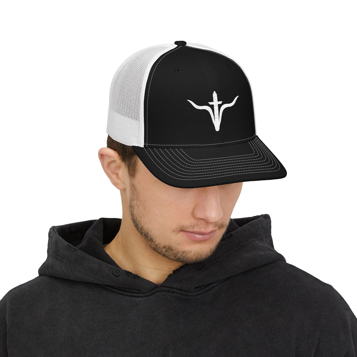 LFD Signature Trucker Hat — Black / White, front on model