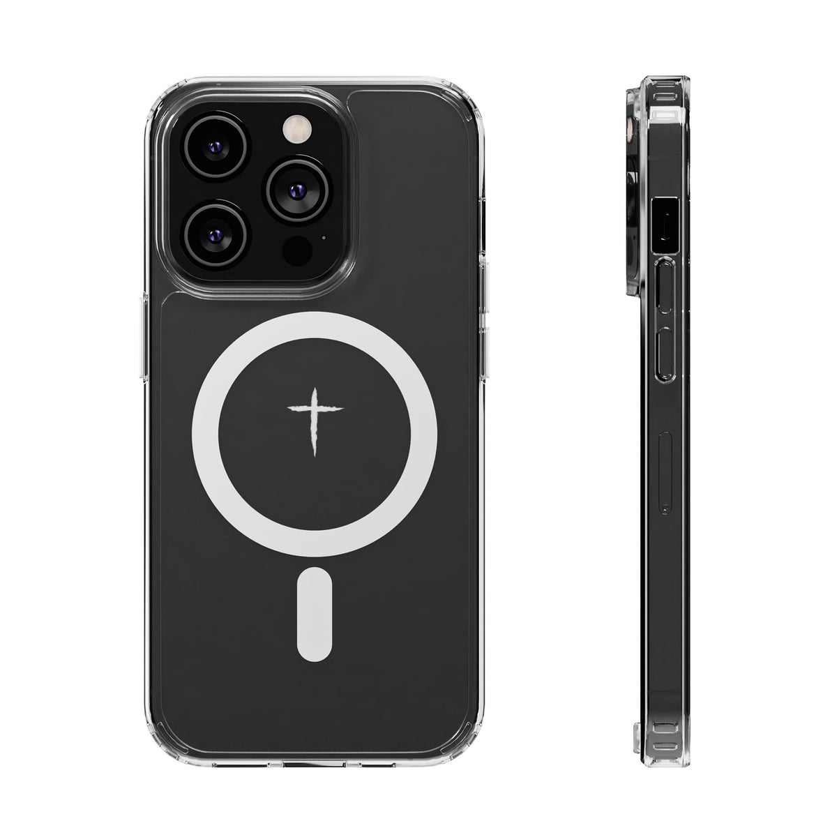 The Cross Magnetic iPhone Case — Clear back cover and side profile with cross artwork and magnetic ring