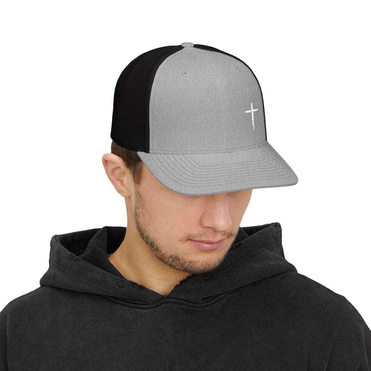 Cross Trucker Hat — Heather Grey / Black, front on model