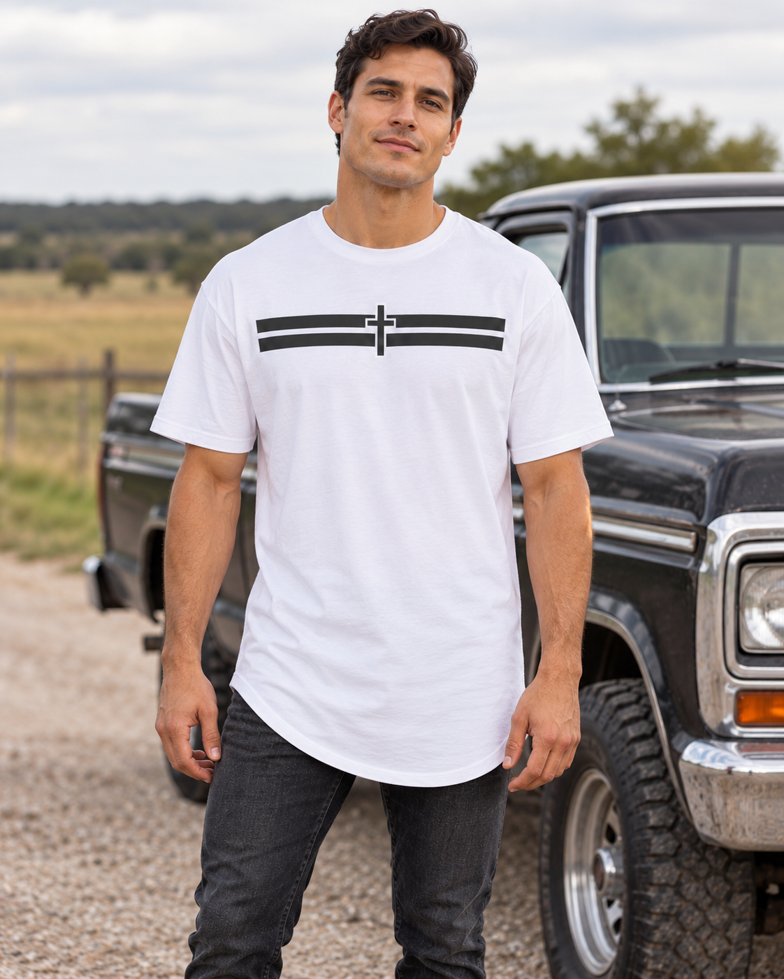 Holy Stripes Long Body Tee - Light — White, worn beside a truck