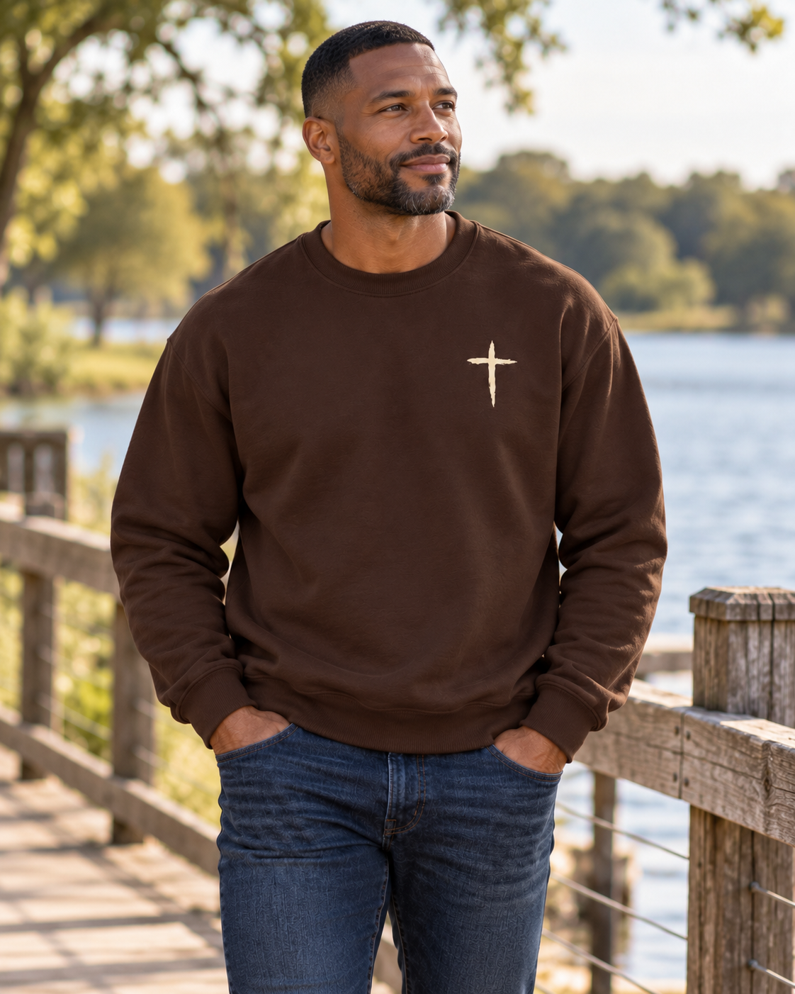 The Cross Crewneck — Dark Chocolate, worn near a fence