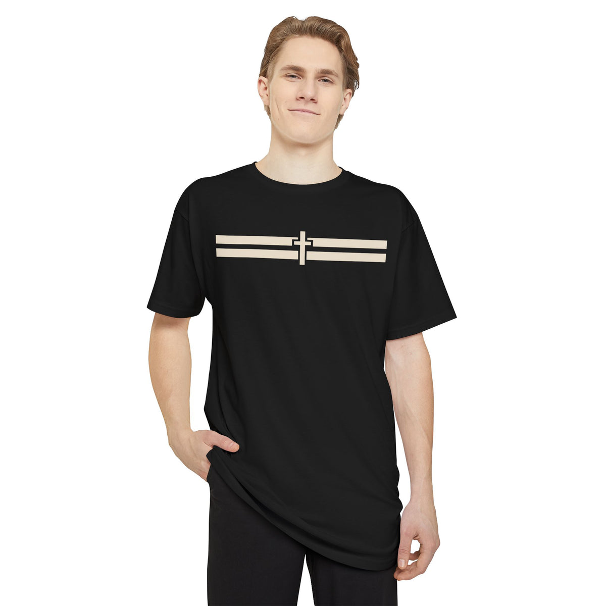 Holy Stripes Long Body Tee - Dark — Black, front on model