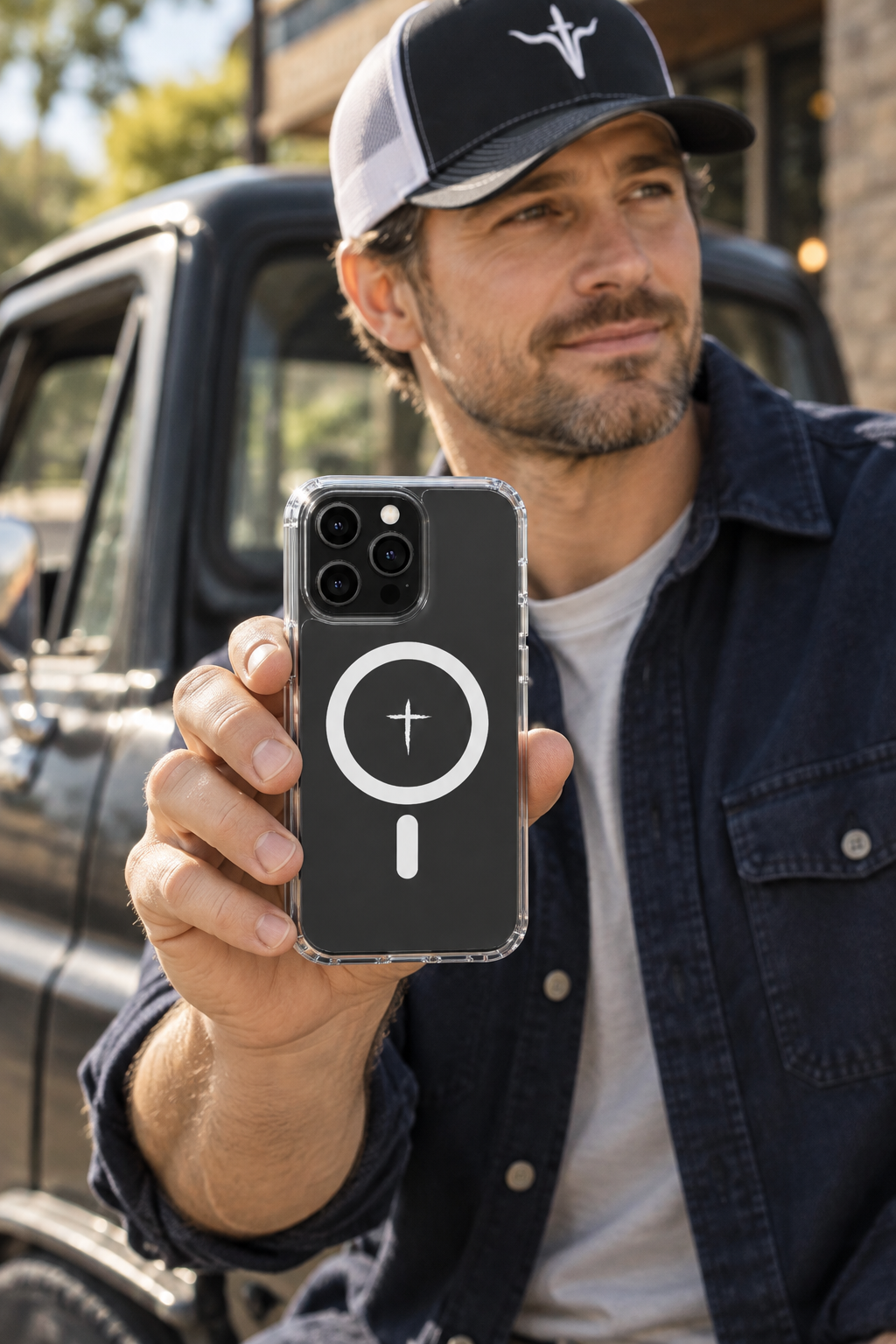 The Cross Magnetic iPhone Case — Clear case held beside a truck