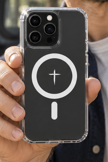 The Cross Magnetic iPhone Case — Cross and magnetic ring detail on a clear case