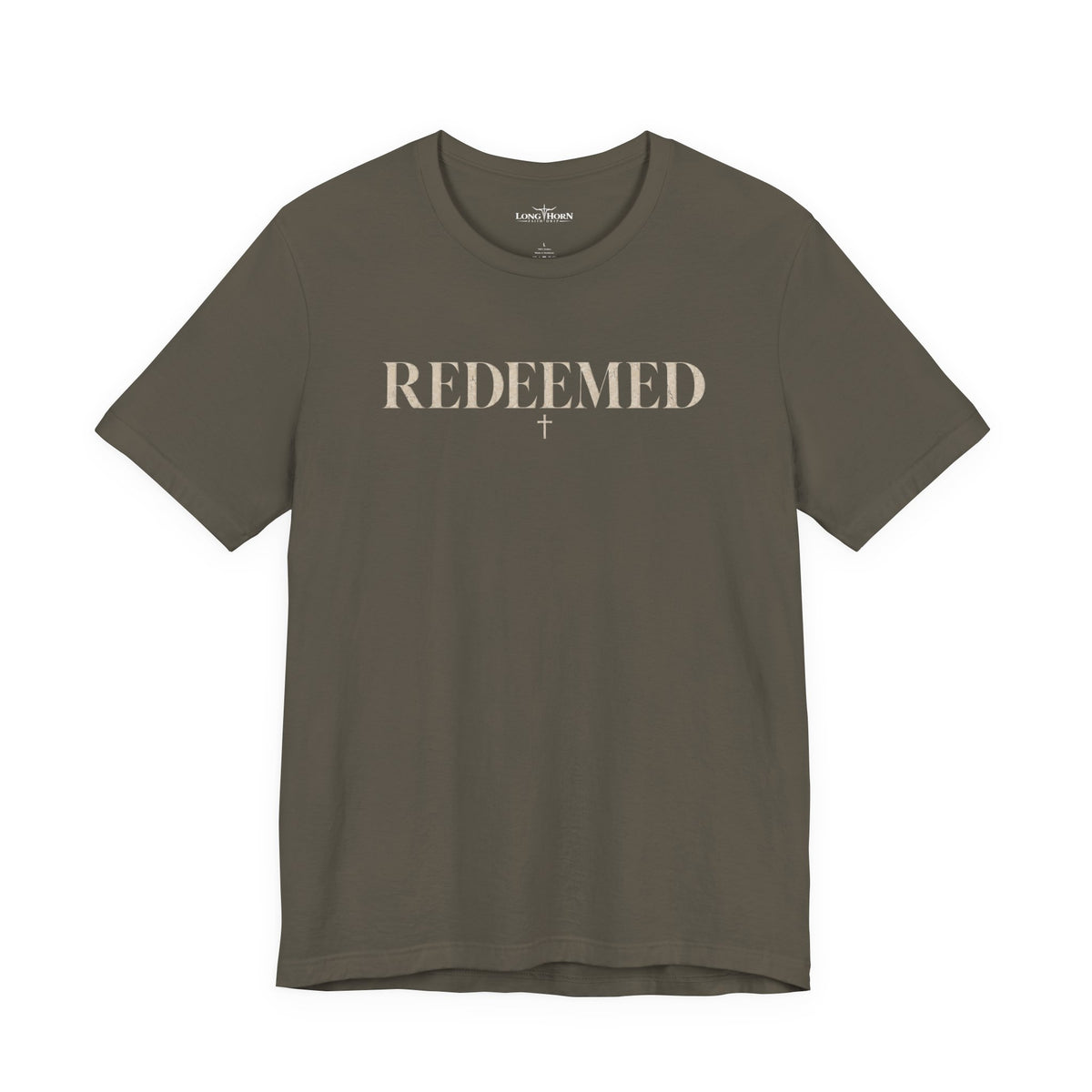 Olive green tee with REDEEMED wordmark and small cross on the chest