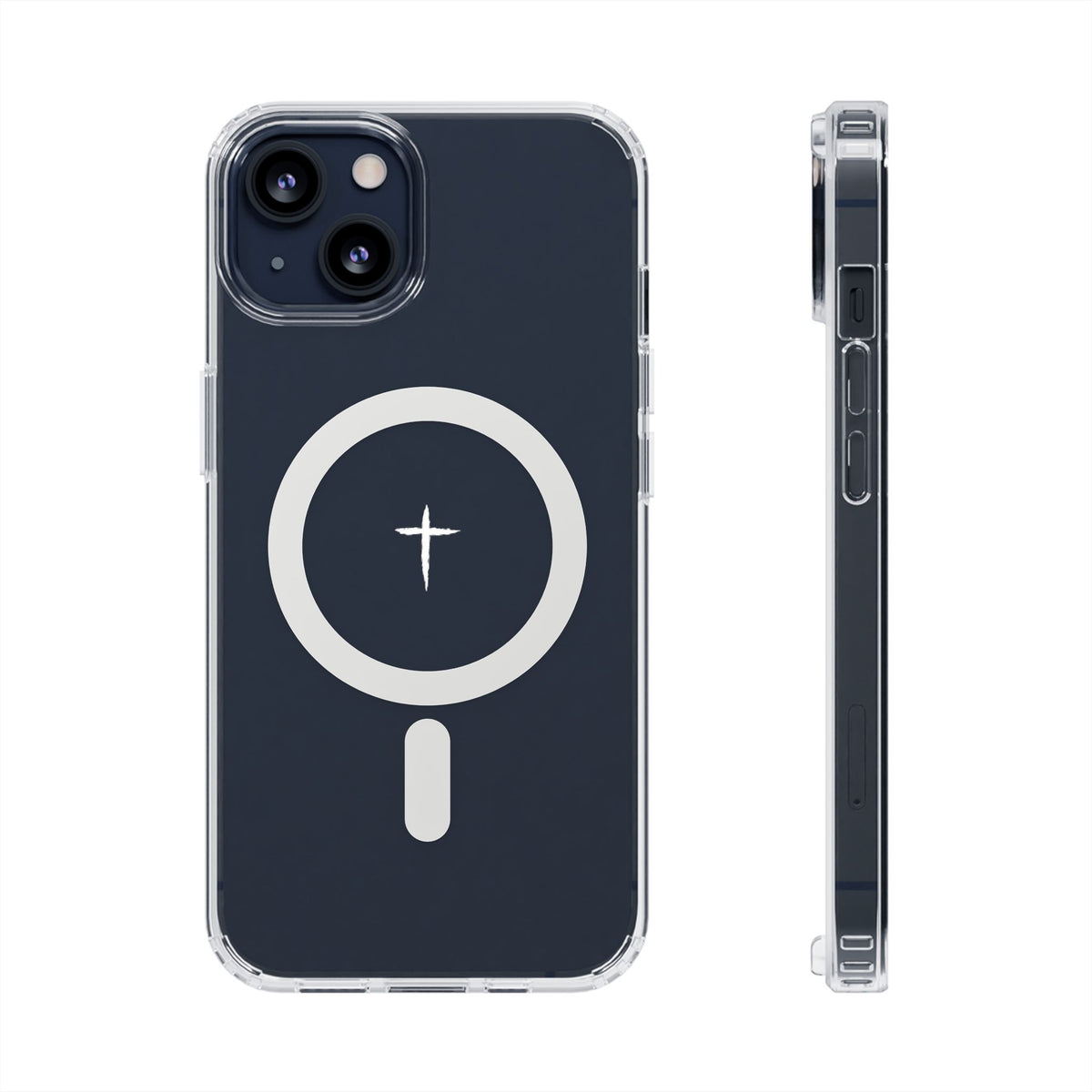 The Cross Magnetic iPhone Case — Clear back cover and side profile with cross artwork and magnetic ring