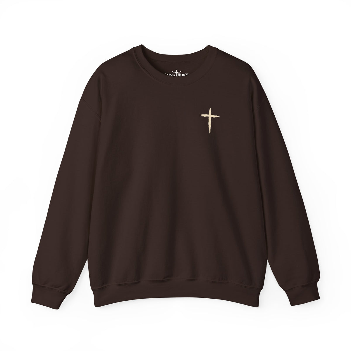 The Cross Crewneck — Dark Chocolate, front view