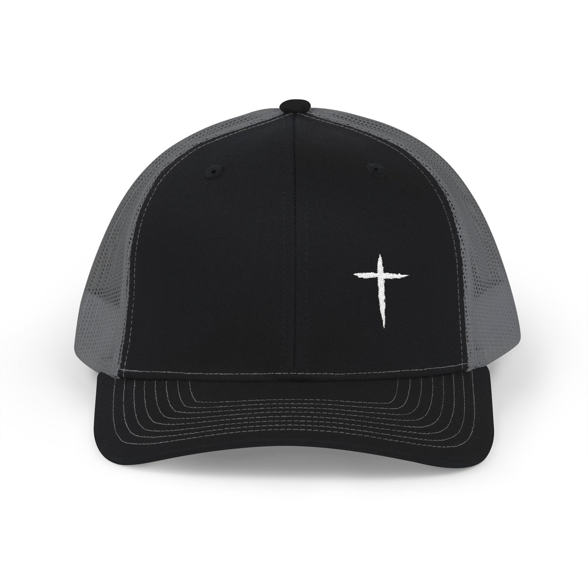 Cross Trucker Hat — Black / Charcoal, front view