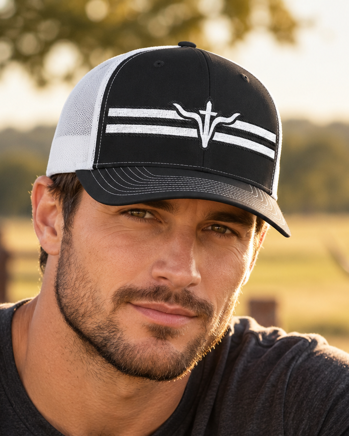 LFD Stripes Trucker Hat — Black / White, worn outdoors, close view