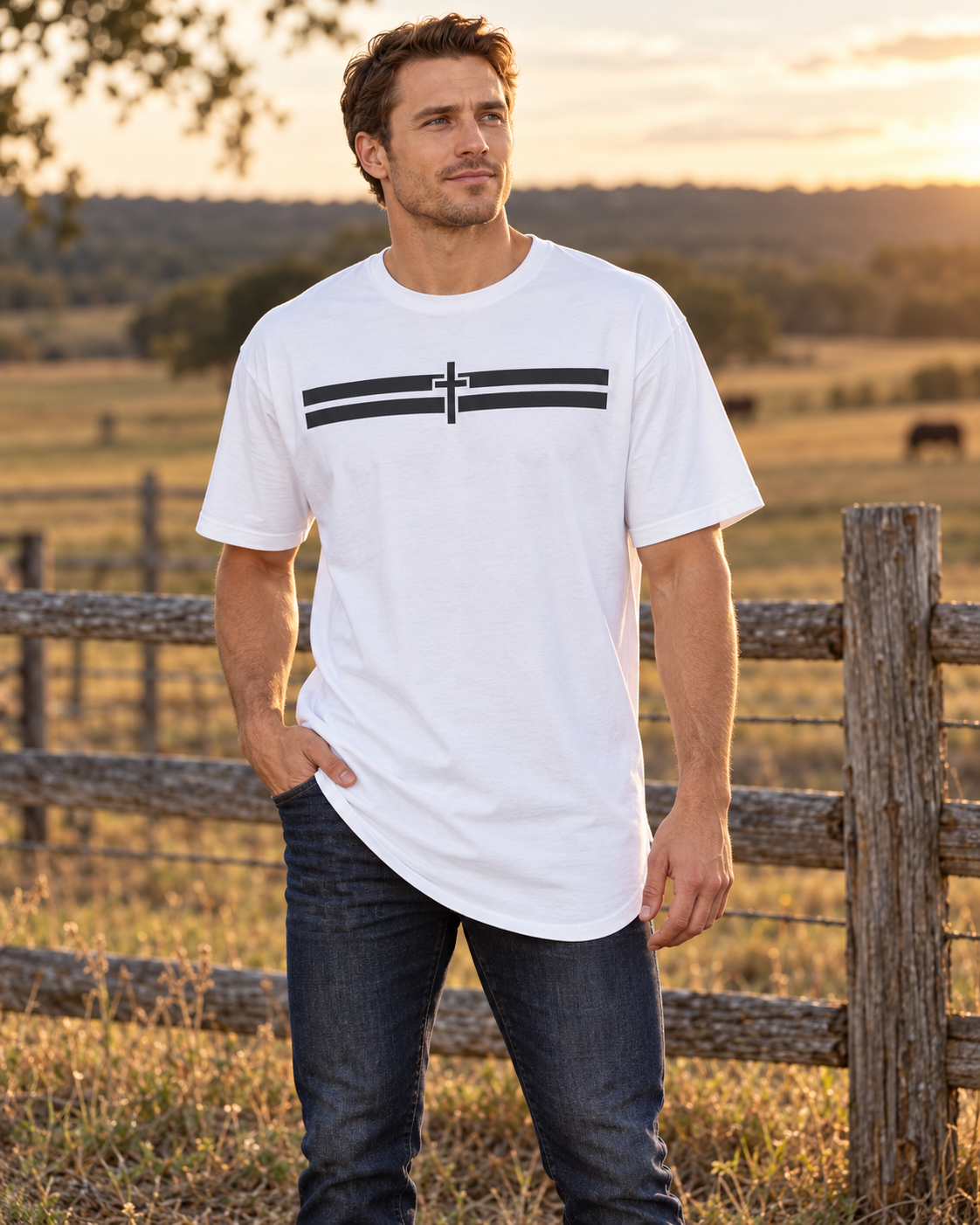 Holy Stripes Long Body Tee - Light — White, worn outdoors