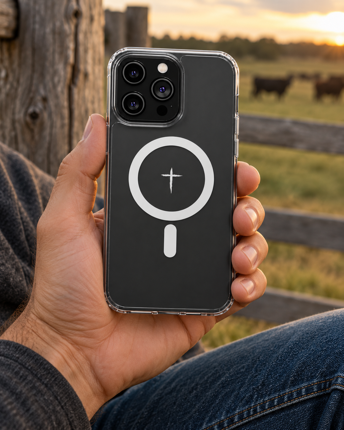 The Cross Magnetic iPhone Case — Clear case held outdoors