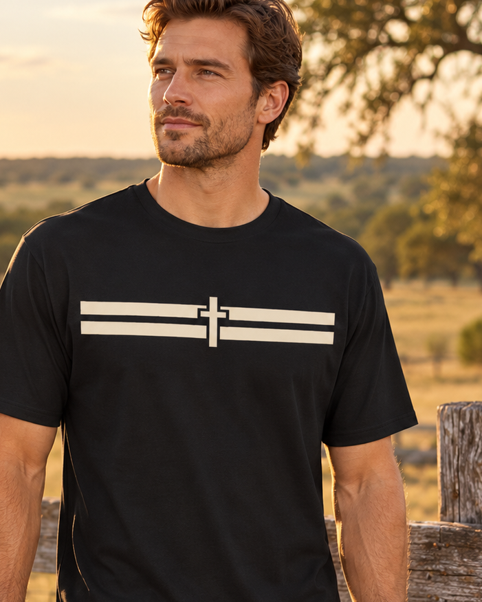 Holy Stripes Long Body Tee - Dark — Black, worn outdoors, chest detail