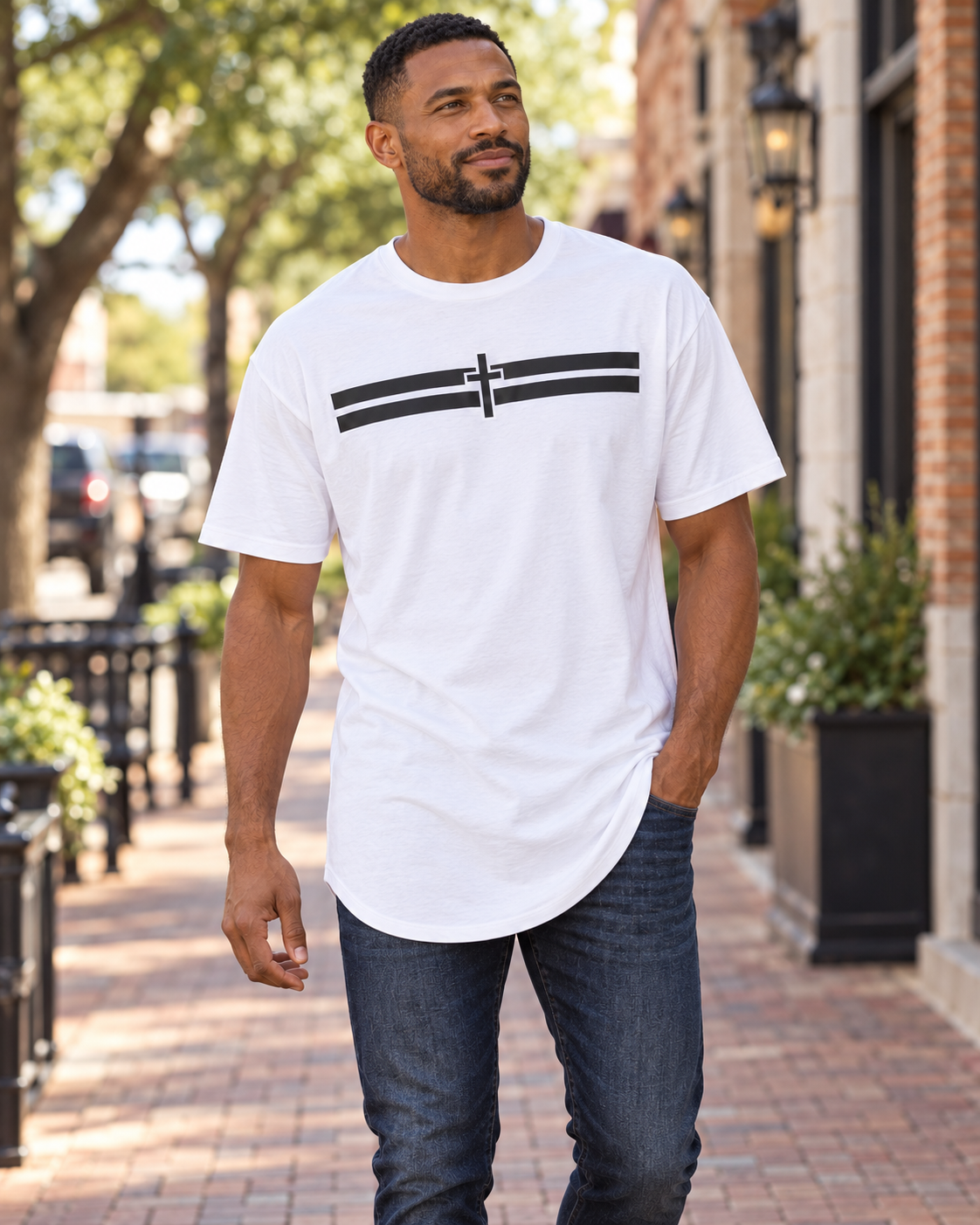 Holy Stripes Long Body Tee - Light — White, worn on a town sidewalk, long hem visible