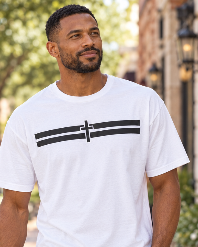 Holy Stripes Long Body Tee - Light — White, worn on a town sidewalk, chest detail