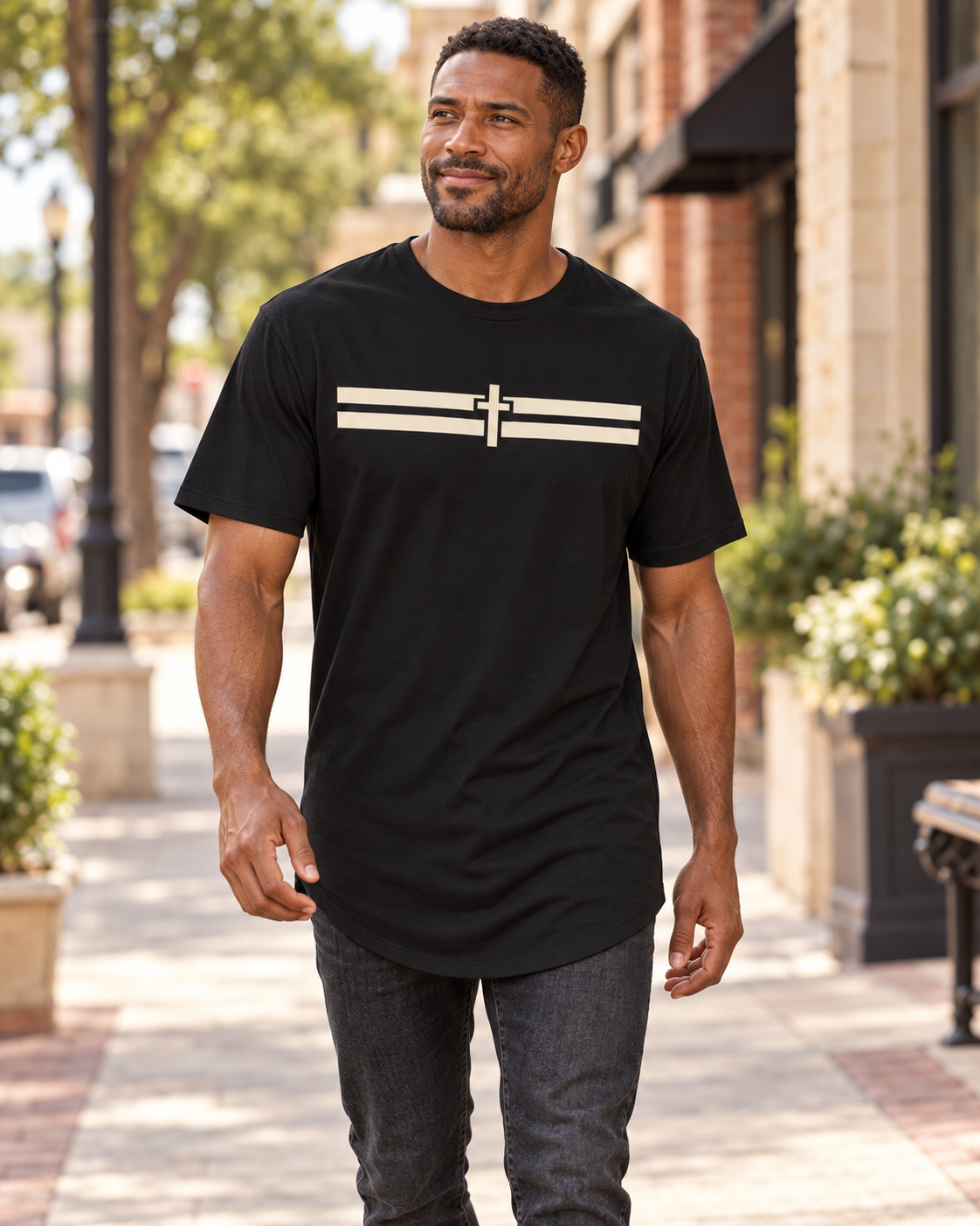 Holy Stripes Long Body Tee - Dark — Black, worn on a town sidewalk