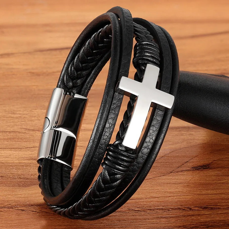 Stainless Steel & Leather Cuff Bracelet — product view 1