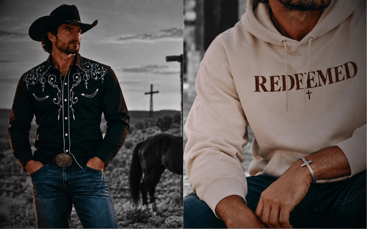 Longhorn Faith Drip cowboy beside a ranch cross and man wearing a Redeemed hoodie
